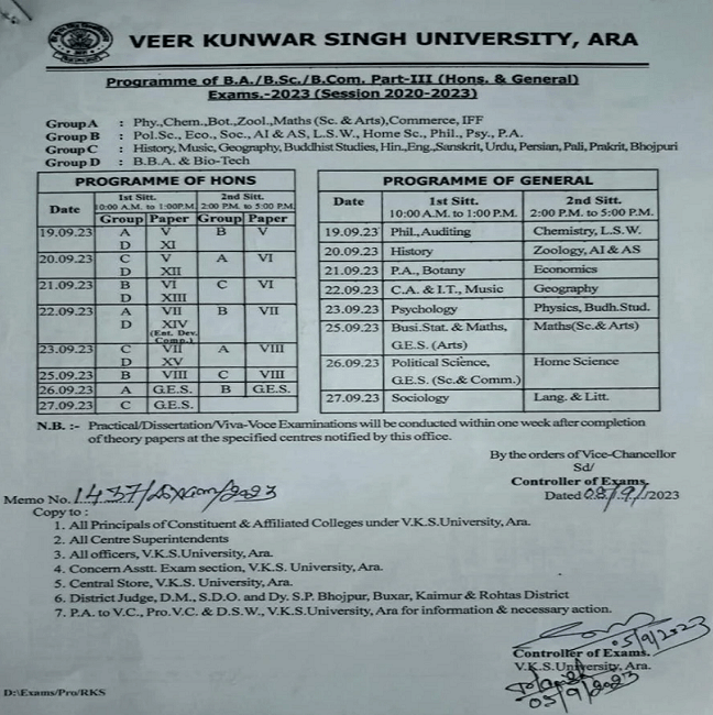 VKSU UG Part 3 Exam Date Sheet